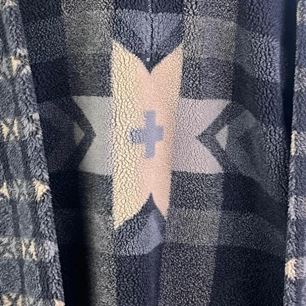 VTG North Face Gray Star Tribal‎ Pattern 1/4 Zip Pull Over Sherpa Fleece USA XL
